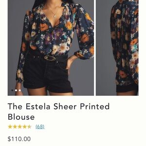 Anthropologie The Estela Sheer Printed Blouse in Navy